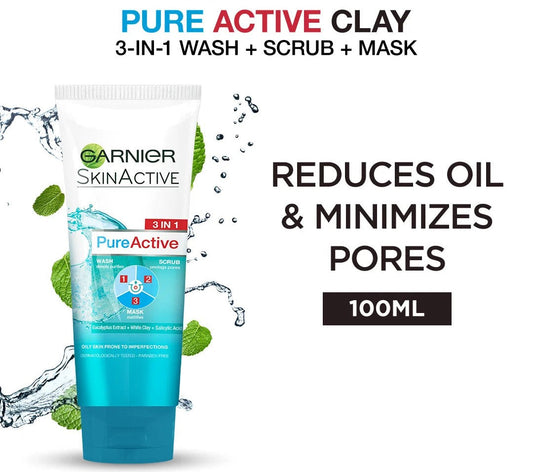 Garnier Pure Active 3 In 1 Face Wash Mask Scrub - 100ml Garnier