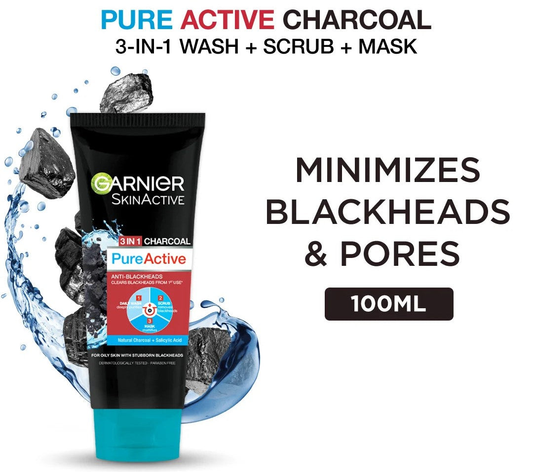 Garnier Pure Active 3 In 1 Charcoal Blackhead Face Wash Mask Scrub - 100ml Garnier