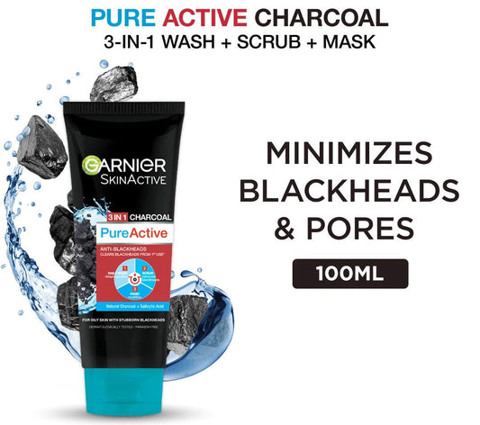 Garnier Pure Active 3 In 1 Charcoal Blackhead Face Wash Mask Scrub - 100ml Garnier