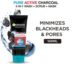 Garnier Pure Active 3 In 1 Charcoal Blackhead Face Wash Mask Scrub - 100ml Garnier