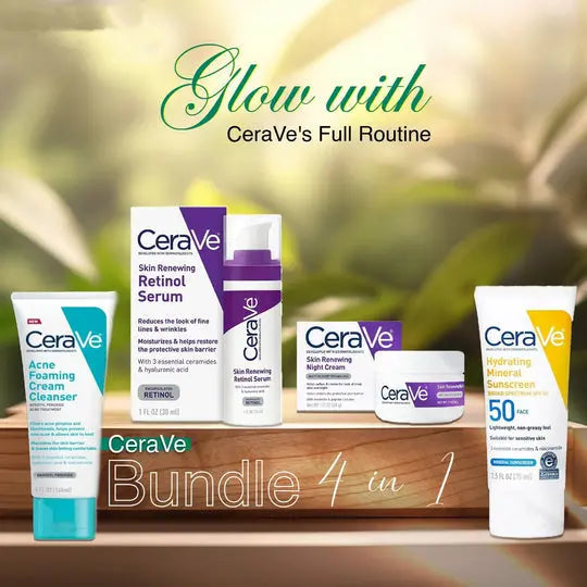 CeraVe 4-in-1 Skincare Kit: Night Cream, Sunblock, Cleanser & Serum for Radiant Skin CeraVe